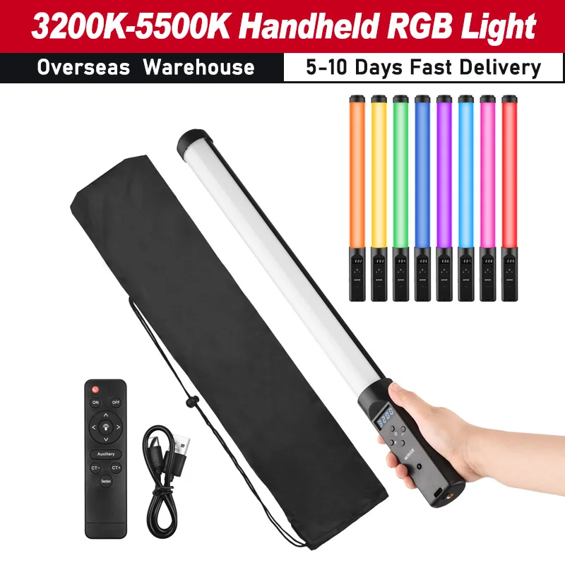 Handheld RGB Tube Light LED Video Light Wand 3200K-5500K Dimmable 9 Colorful Lighting Effect Built-in Battery for Vlog Streaming