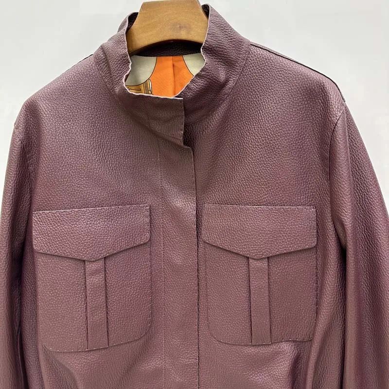 سترة نسائية جديدة للربيع والخريف من الجلد الطبيعي بنمط ليتشي من جلد الغنم عالية الجودة وطول قصير وجيب كبير #4