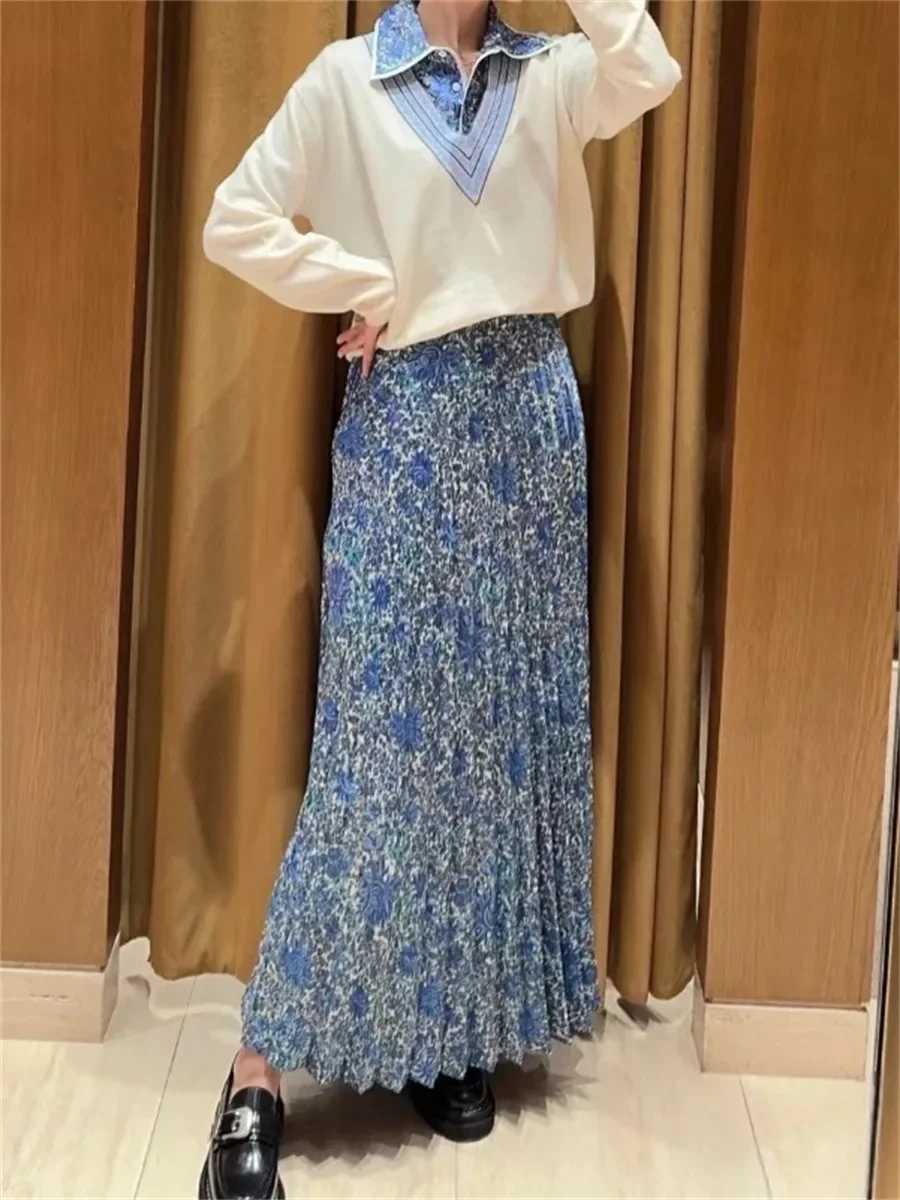 

2024 Spring Women Blue Pleated Midi Skirt Floral Print High Waist Female Elegant Jupe