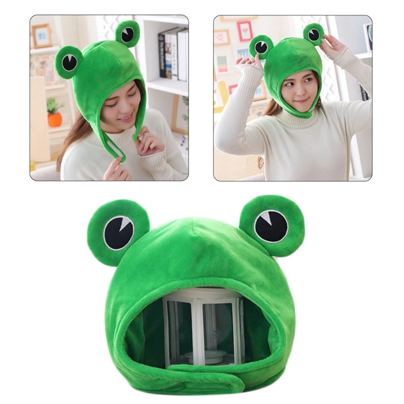 Q0KE  Plush for FROG Hat Green Scarf Cap Earflap Soft Winter Warm Ski Full Headgear for Women Men Novelty Cosplay Costume
