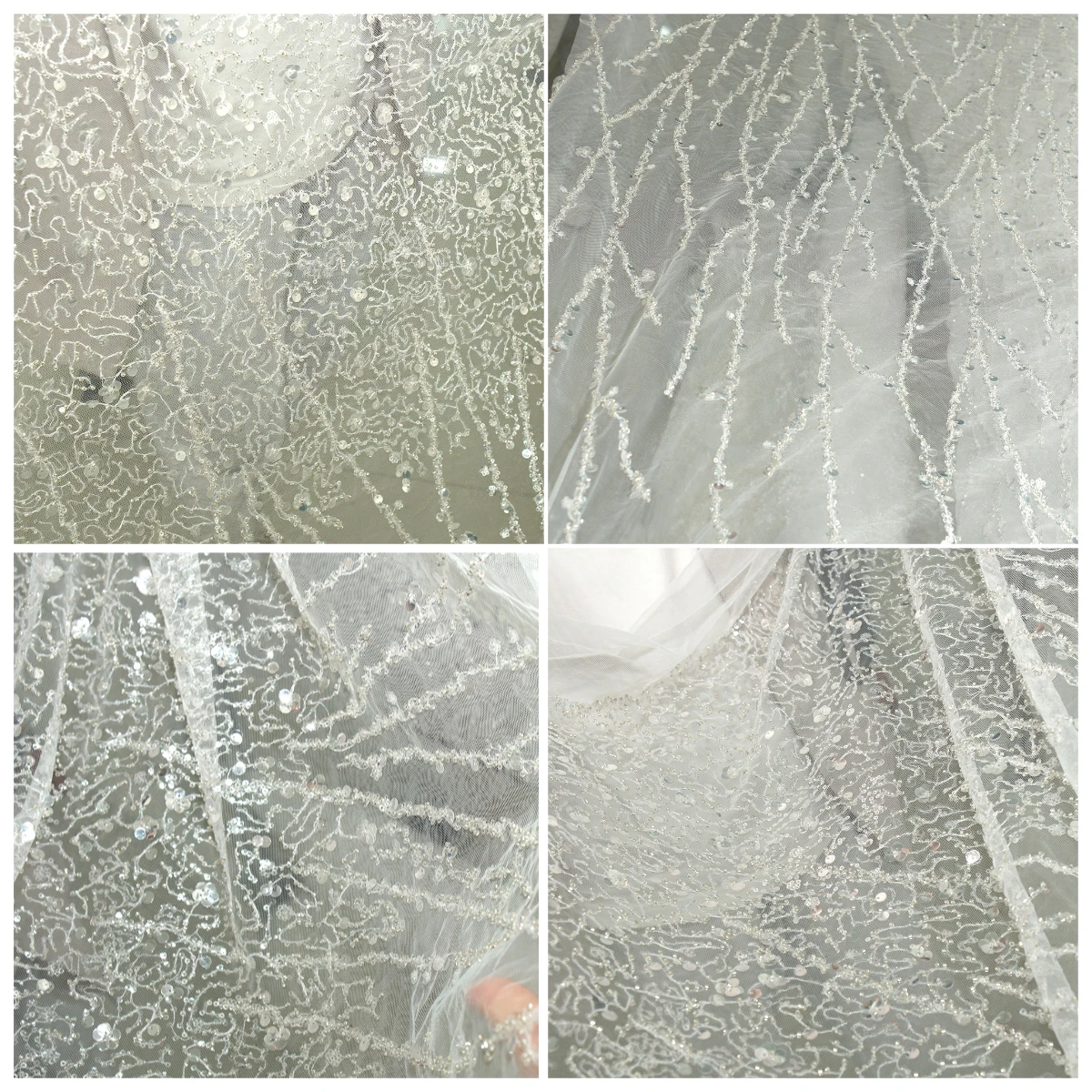 

Luxury Sequin Beaded Lace Mesh Fabric Shiny Silver Embroidery Tulle for Wedding Dress Gown Costume DIY Couture Craft