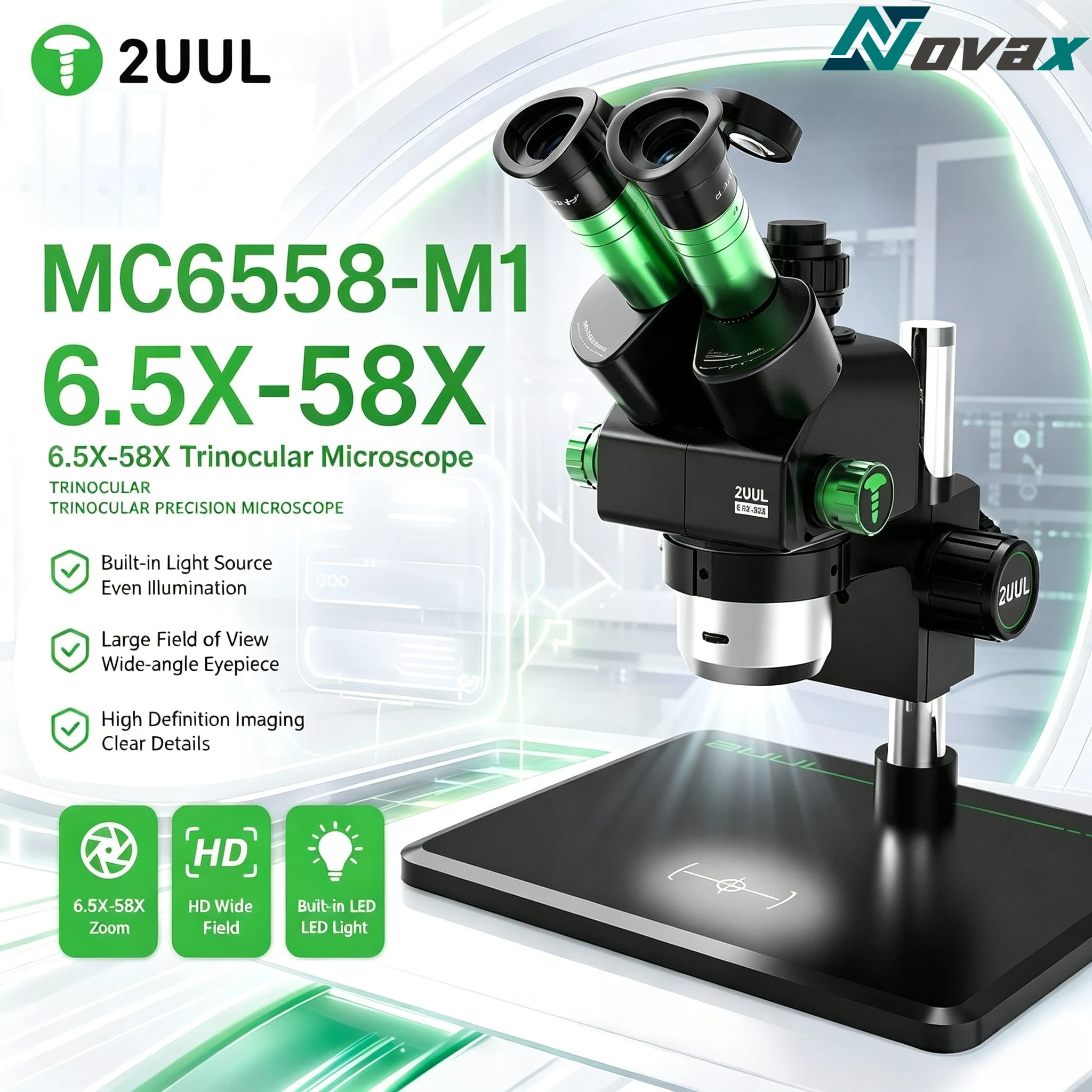 2UUL MC6558-M1 stereoscopic three eye microscope 6.5-58X with built-in illumination for repairing PCB fly wires on motherboards