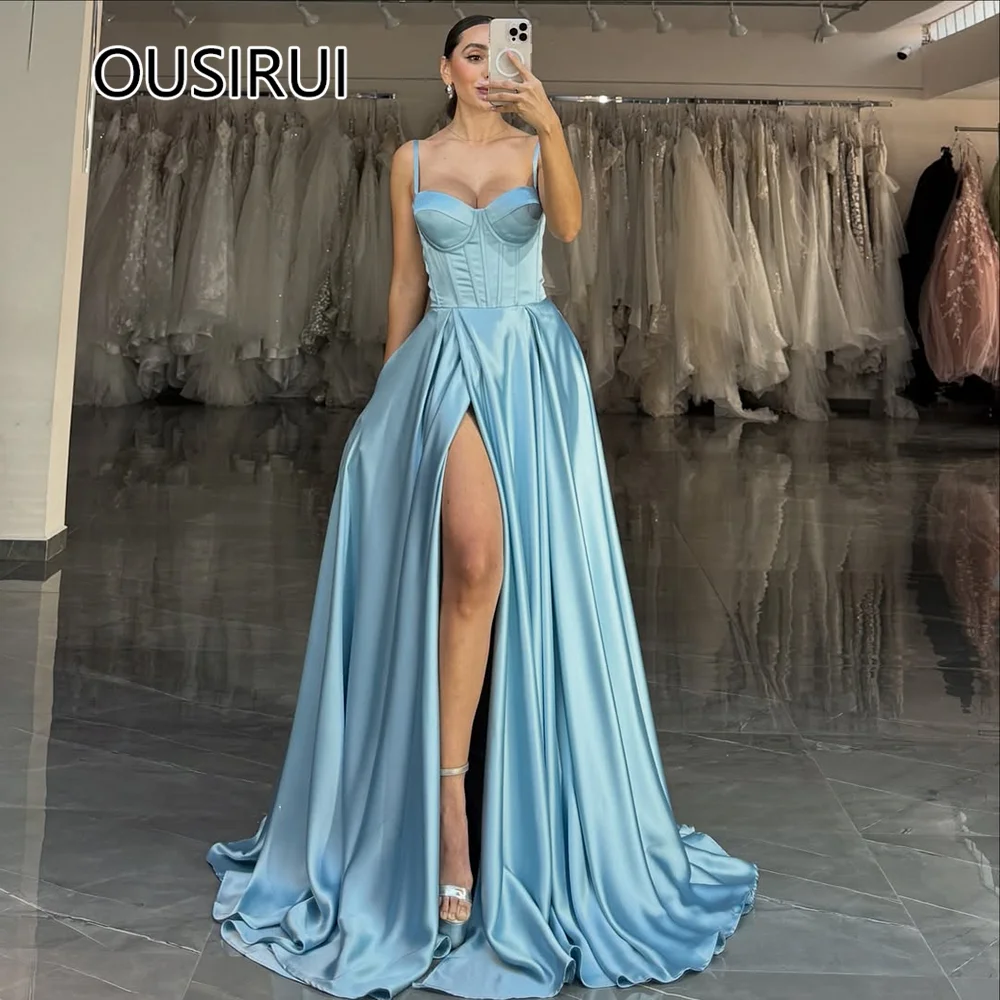 

Sweetheart Collar Satin Pleated Formal Women's Prom Gown Court A-line Side Split Evening Party Dress with Pockets Customized
