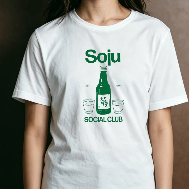 Unisex Green Line Soju Bottle Social Club Graphic T Shirt Korean Traditional Liquor Daily Streetwear Top