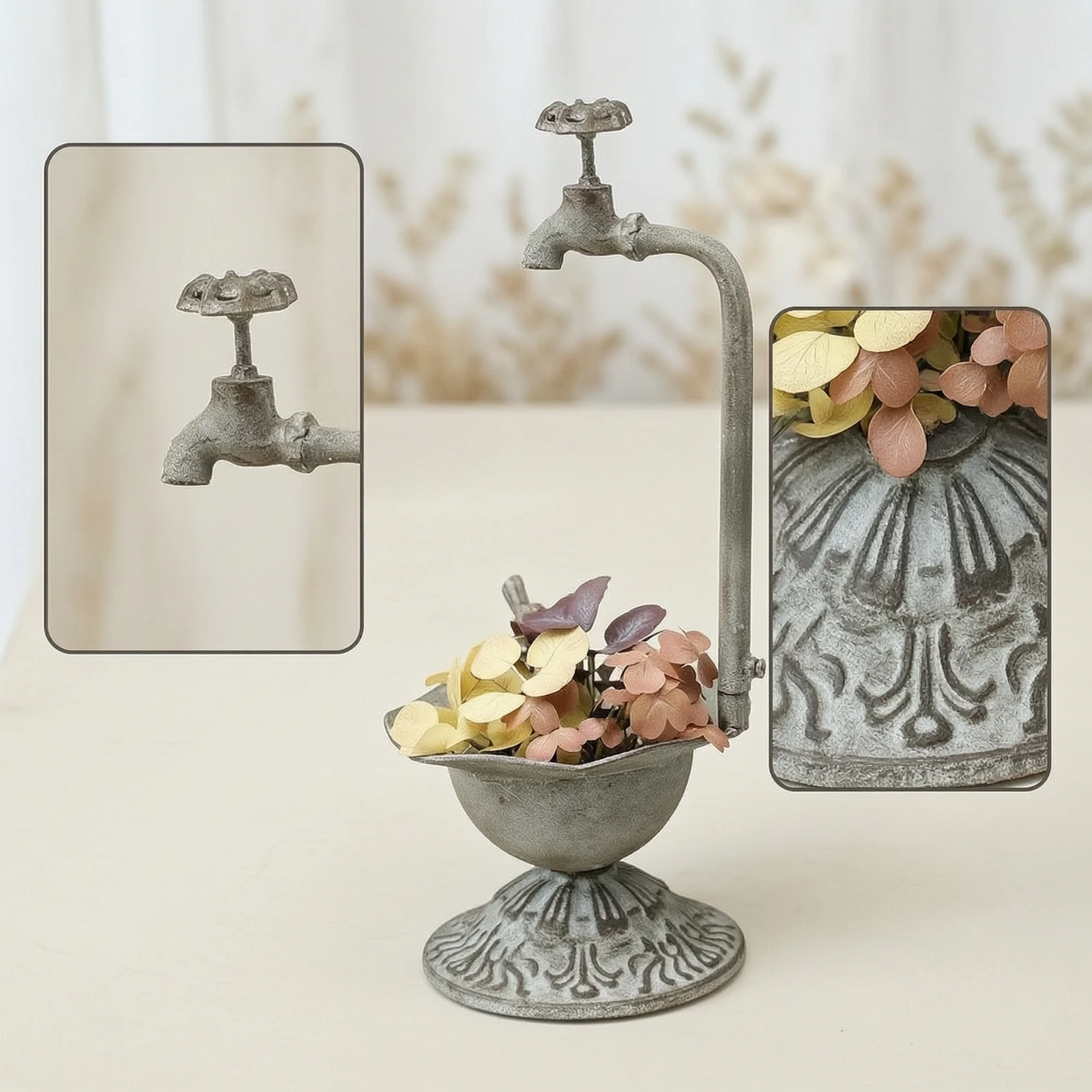 Flower Vessel with Faucet Antique Pedestal Planter Bowl Bowl Planter with Stand Weathered Plant Pot Rustic for Decorators