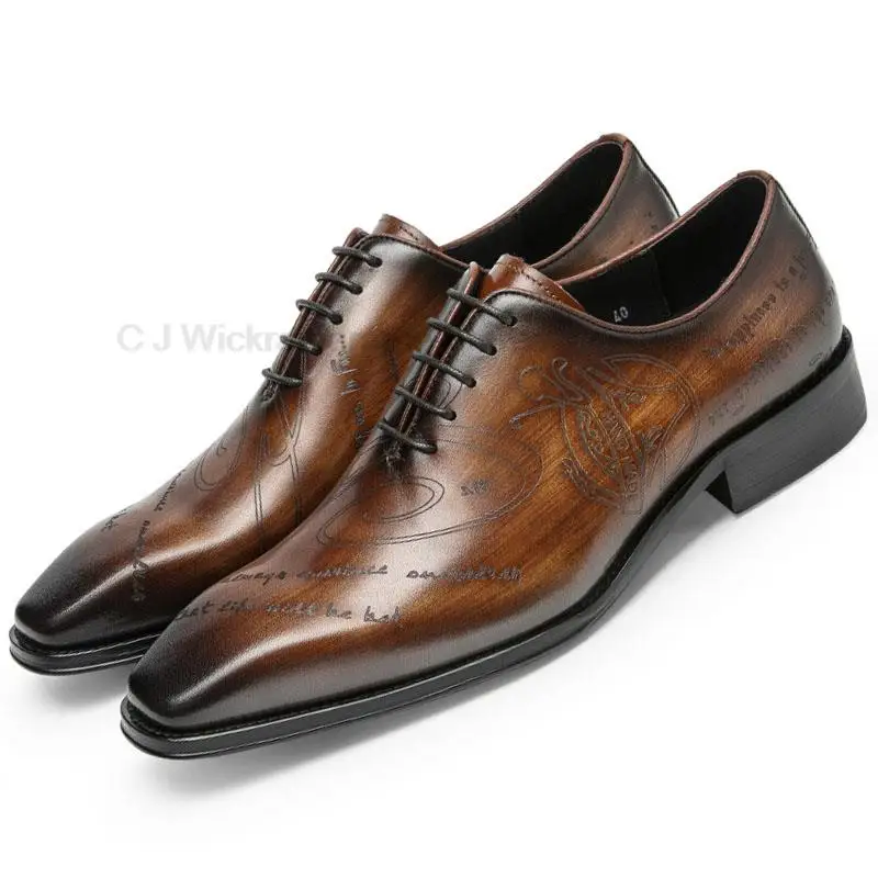 HKDQ Handmade Mens Oxford Shoes Genuine Leather Engraving Men\'s Dress Shoes Classic Business Black Brown Formal Shoes For Men