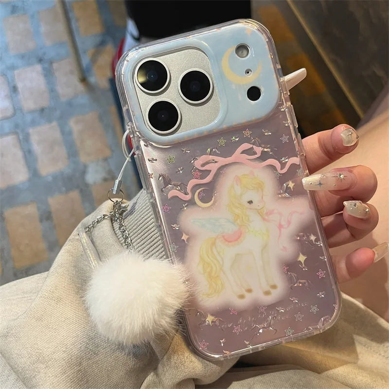 

Fashion Dreamy Cute Pony Phone Case For iPhone 17 Pro 16 15 14 Pro Max Cover with Pendant Shockproof Cartoon Protective Cases Ca