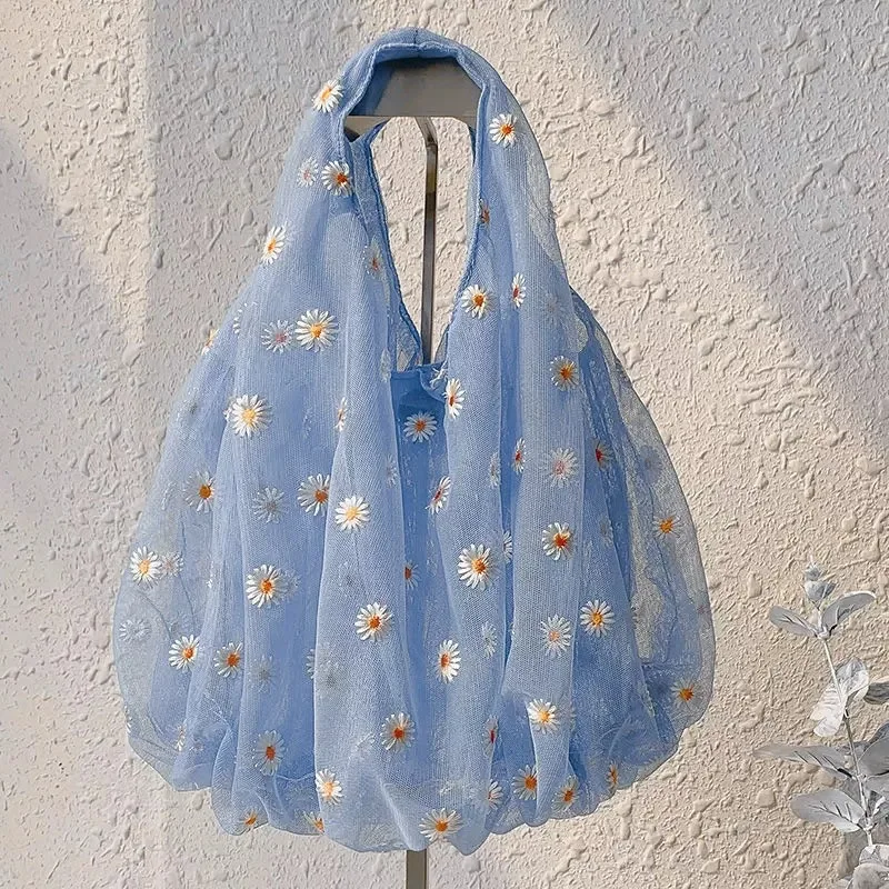 Mesh Embroidered Daisy Tote Bag Spring Sweet Female Shoulder Bag Light Clear Shipping Bag High Capacity Eco Bag Purse for Girls