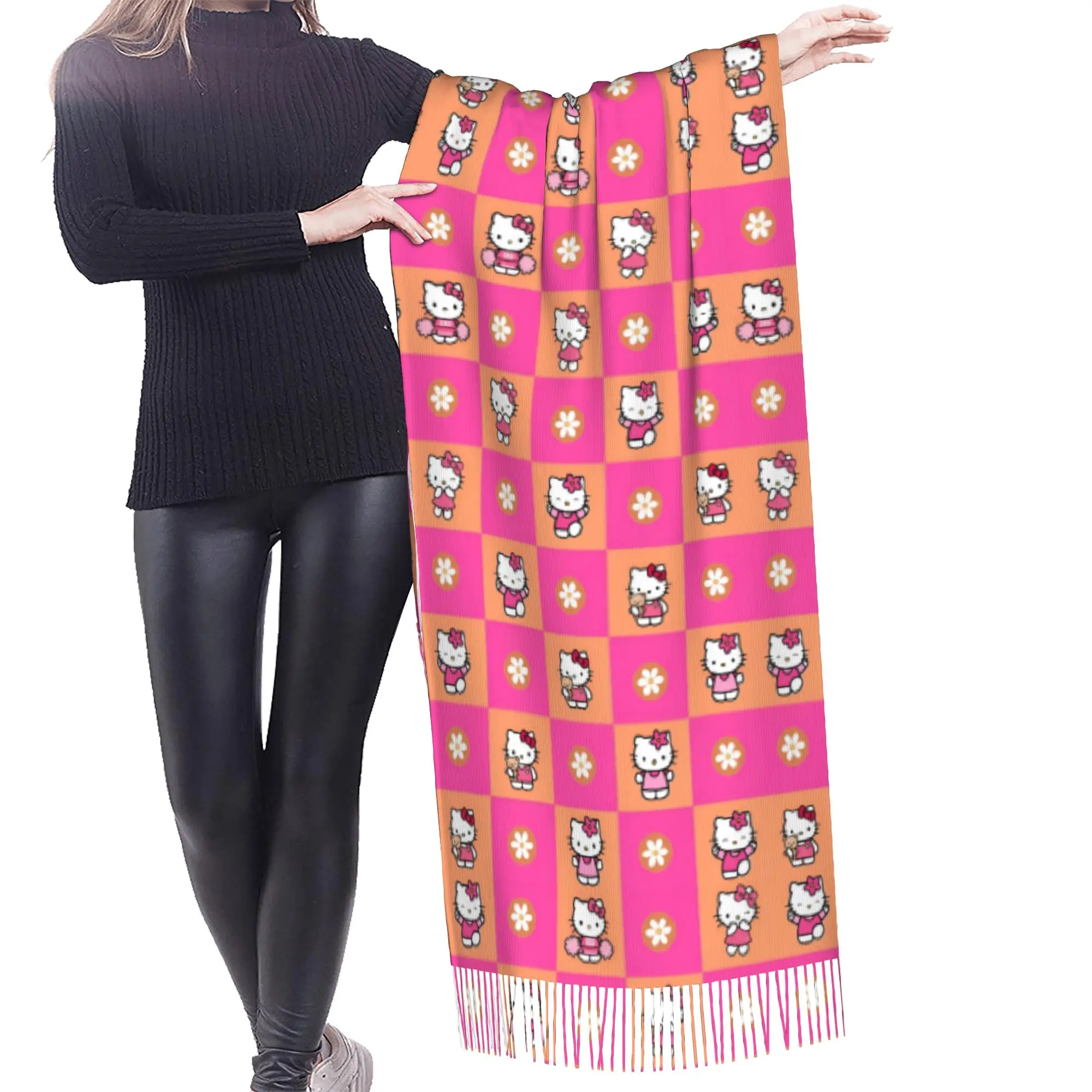 Custom Kitten Cat Cartoon Scarf Wrap Women Long Winter Warm Tassel Shawl Unisex Anime Scarves