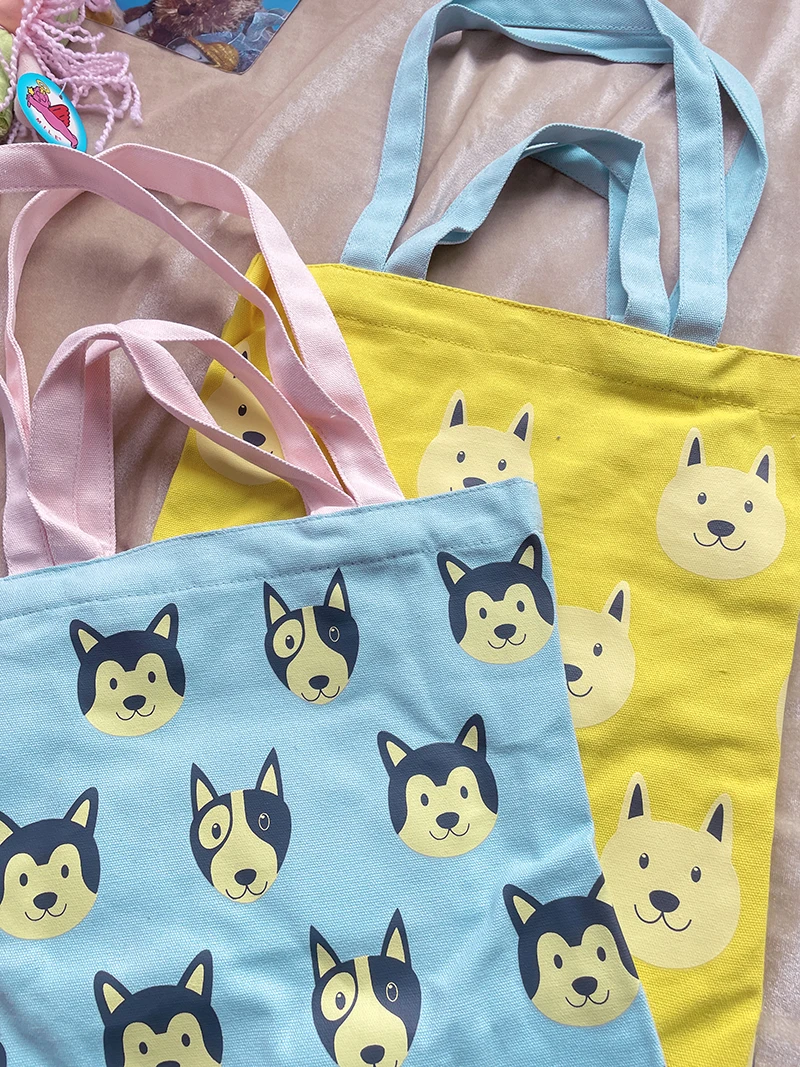 Thick Canvas Bag Large Capacity Shopping Bag with Cute Dog Print Korean Style Women's Shoulder Bag Daily Use Cotton Material