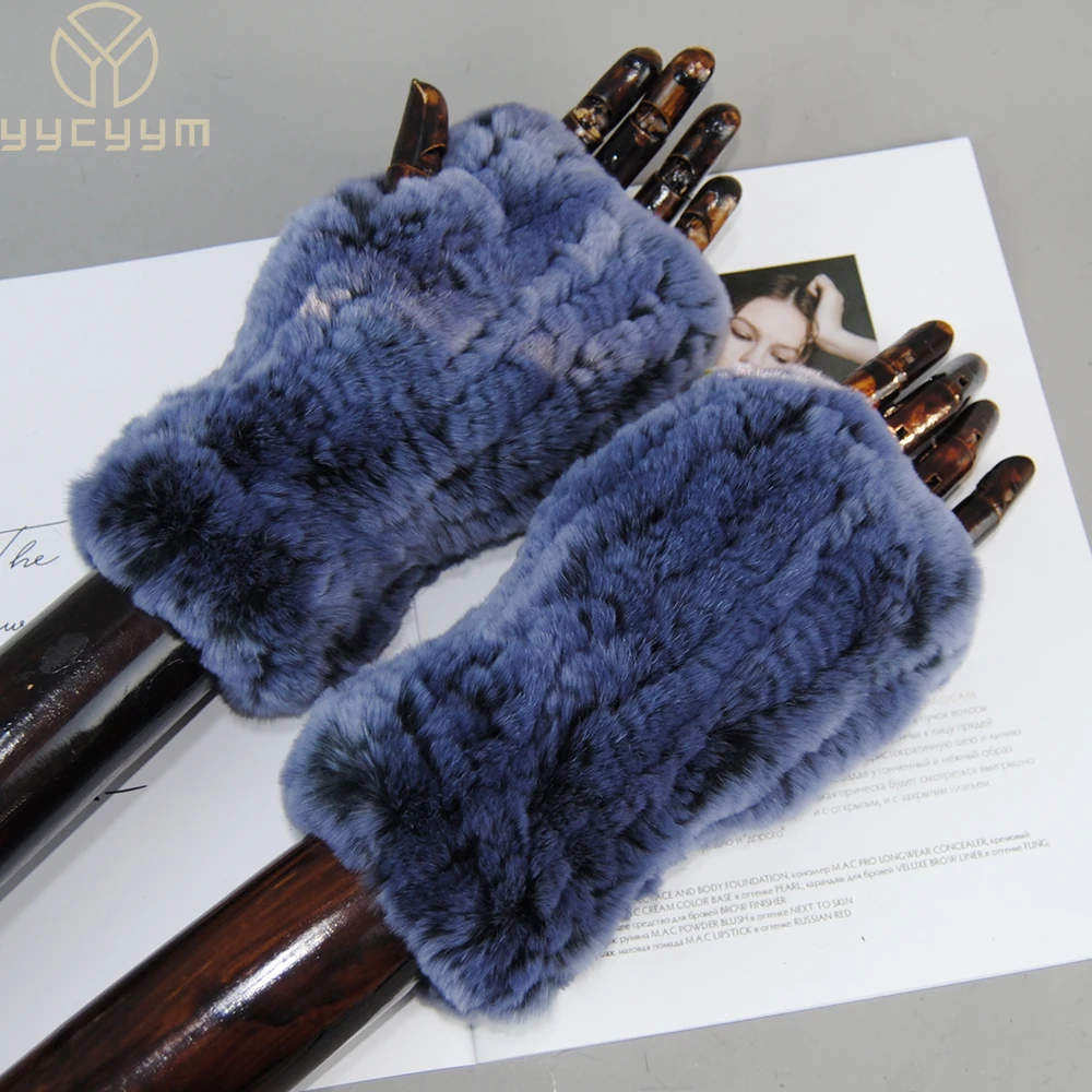 

New Arrival Women Knit Mitten Girls 100% Real Genuine Knitted Rex Rabbit Fur Mittens Winter Warm Real Fur Fingerless Gloves