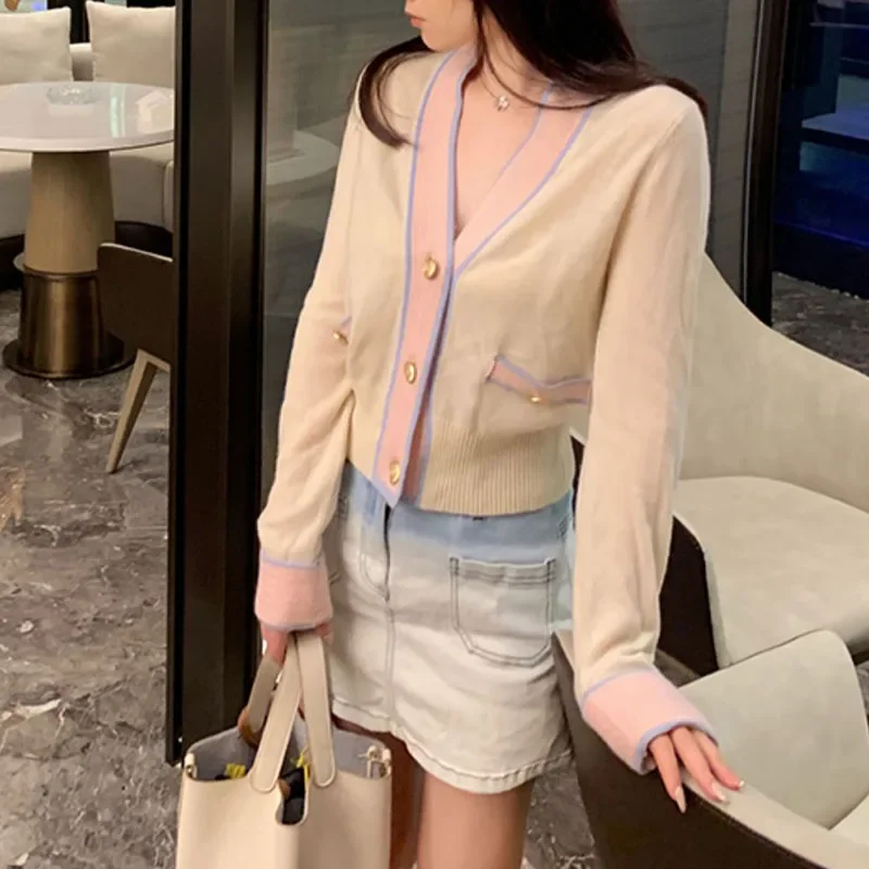 

Women's Knitted Cardigan with Pink Trim, Cropped Cardigan, Sweater Coat, White, High Fashion, Autumn, Winter, 2024