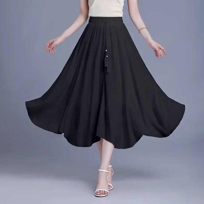 여성용 블랙 하이웨이스트 플레어 맥시 스커트 루즈 A라인 롱 스커트 캐주얼 데일리 엘레강스 바텀스