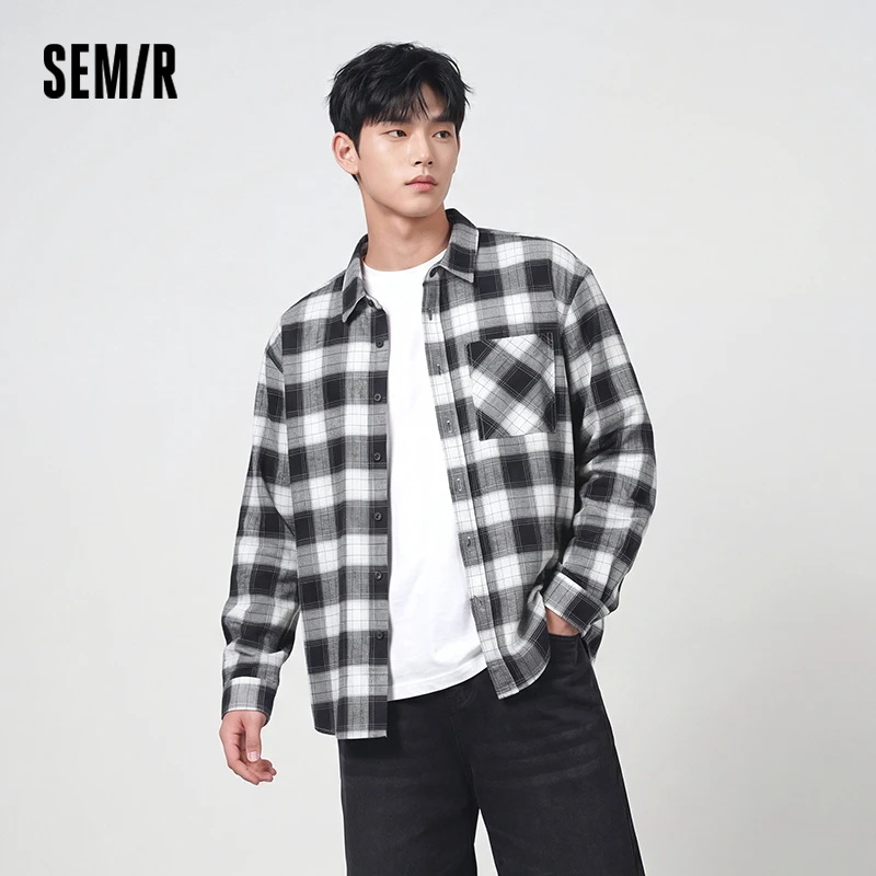 Semir Men Shirt Cotton Plaid Long Sleeve Loose Lapel Pocket Casual Style Comfortable Autumn Blouse Daily Wear 2026