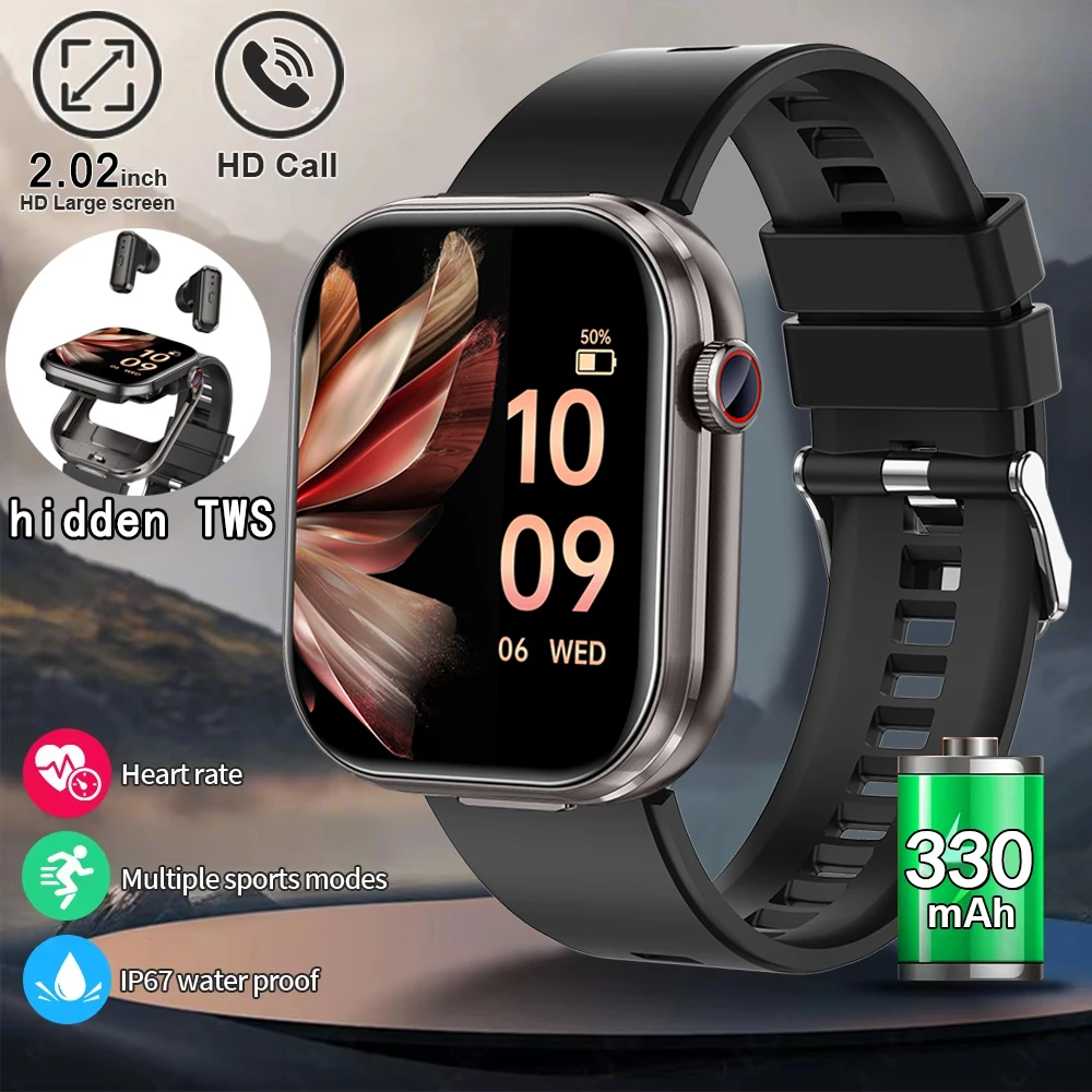 

2025 Men Smart Watch 2.02 inch HD Large Screen Waterproof Heart Rate Blood Oxygen Bluetooth earphone TWS 2 in 1 Make phone calls