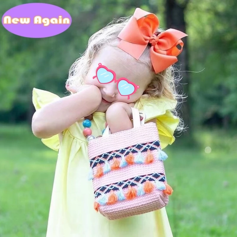 Mini bolsos bohemios de paja con borlas para niñas, monedero de playa para niños, bolsos cruzados encantadores para niños, bolso de diseñador, NAB045