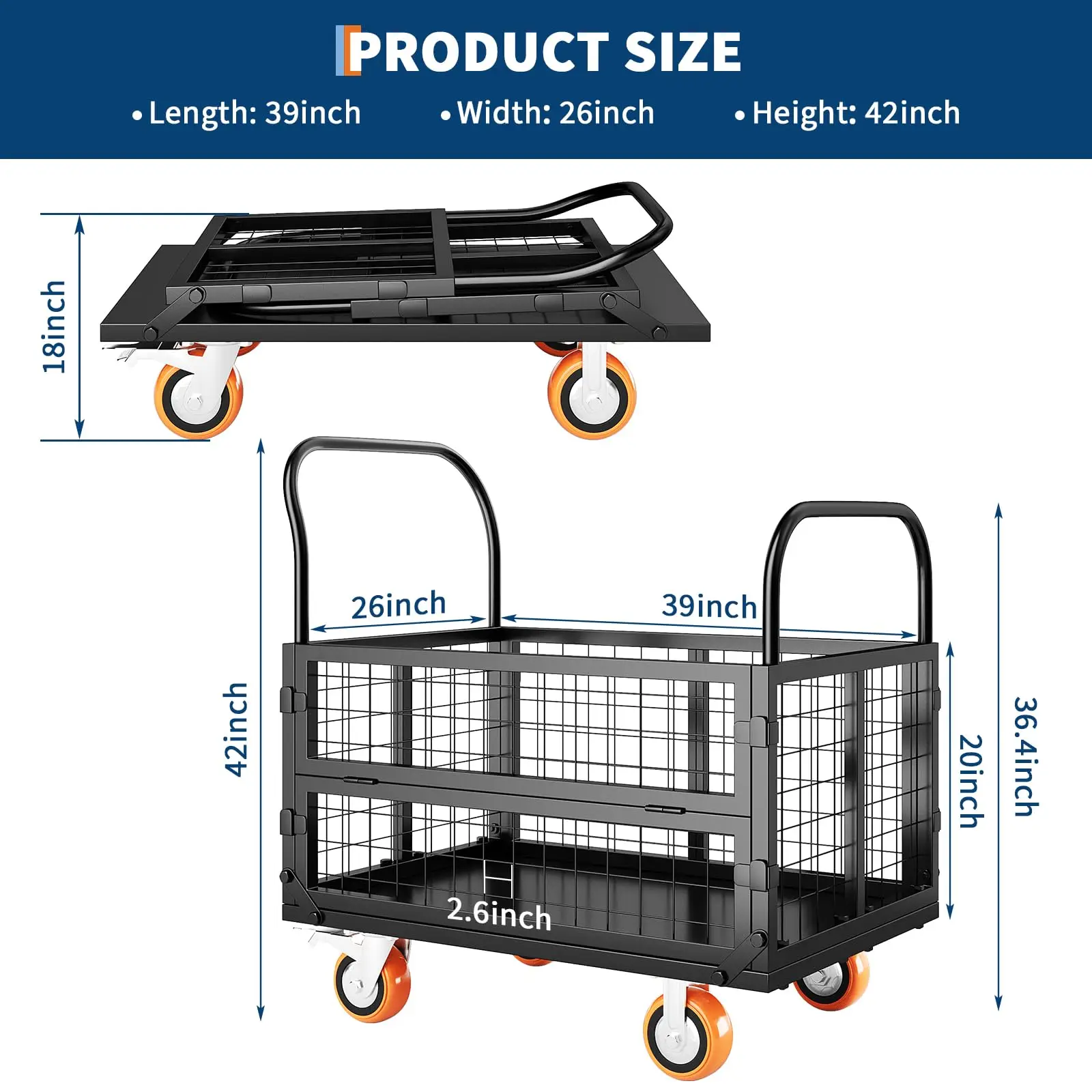 1800lbs Platform Truck Cart with Cage, 6-in-1 Foldable Heavy Duty Hand Truck Flatbed Cart with Removable Mesh Sides