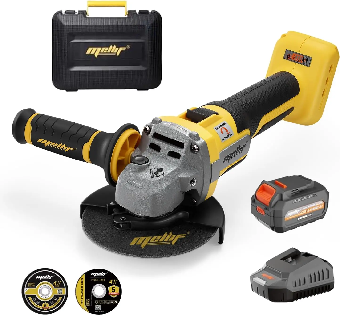 

Brushless Angle Grinder, 9600RPM Cordless Metal Tool, 4-1/2 Inch with Battery and Kickback Brake