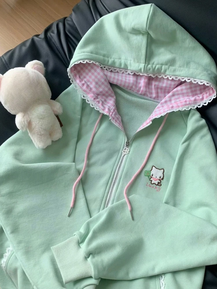 

Autumn Japanese Kawaii Loose Hooded Coat Women Long Sleeve Harajuku Sweet Zipper Cardigan Y2K Design Casual Thin Sweatshirt New