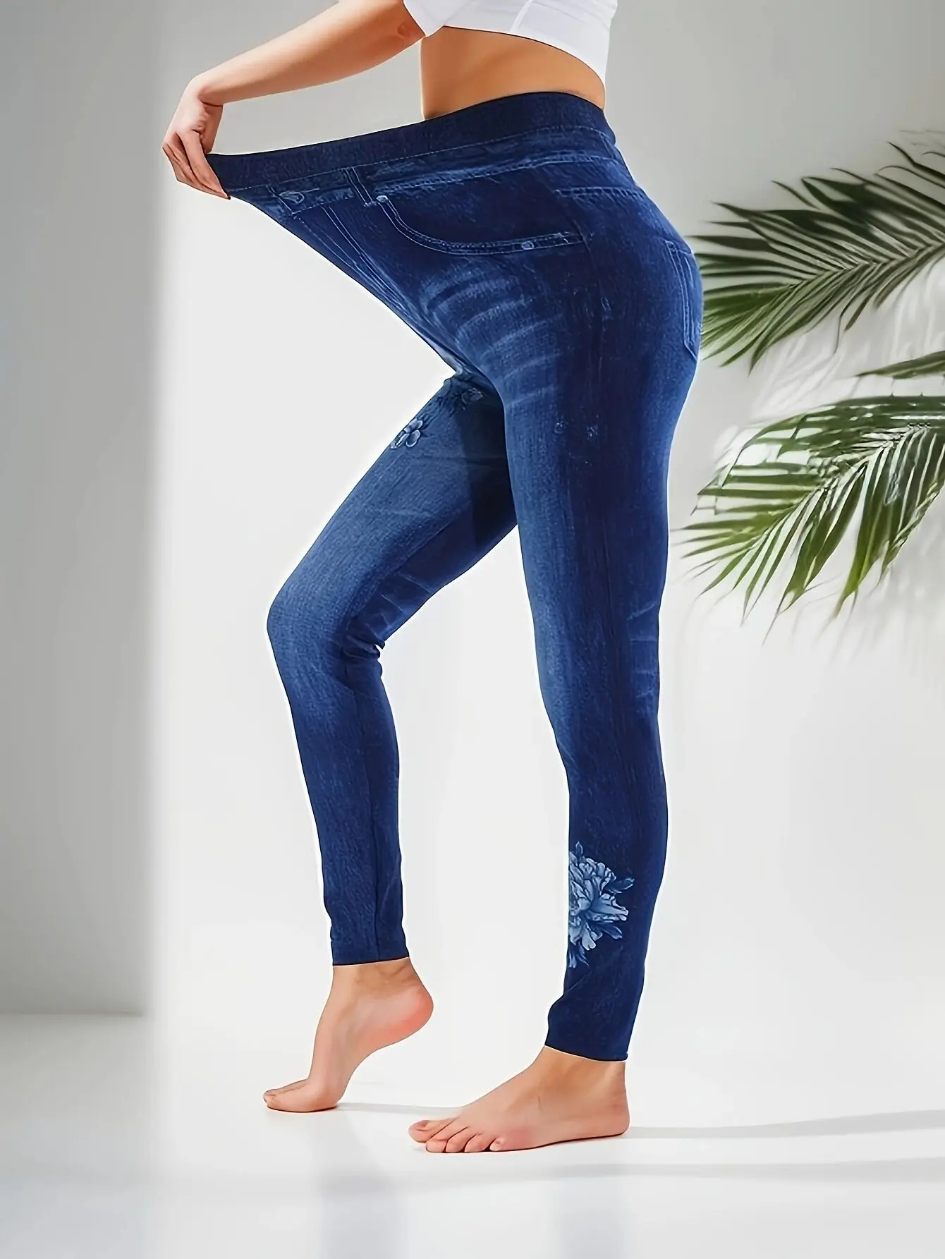 CUHAKCI Fashionable Imitation Denim Leggings For Women With High Elasticity Tight Fitting Fake Pockets Seamless Printed Cropped