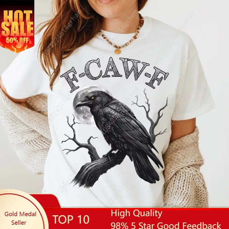

F Caw F Halloween Gothic Crow Women T-Shirt Short Sleeve Crew Neck Casual Tops for Summer Spring Women's Clothing Tops Tee
