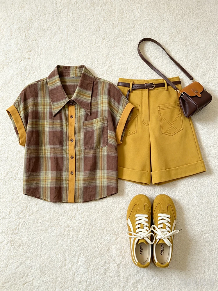 Fashionable Retro Plaid Shirt Short Sleeve Women's Summer Casual Versatile Small Size Shorts Two-Piece Set High Waist Shorts