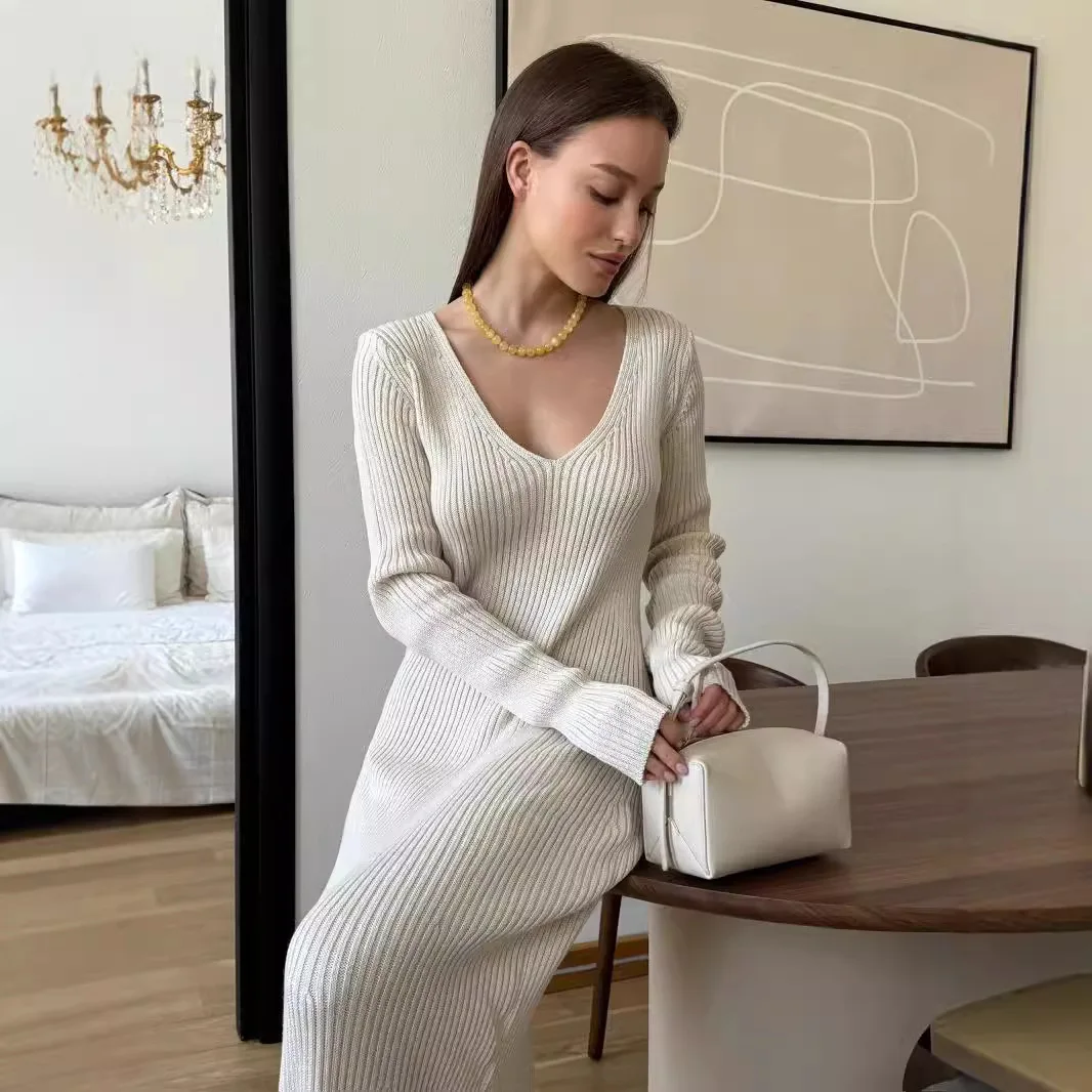 Women's New Solid Color Long Sleeve V-neck Slim Bodycon Knitted Maxi Dress Trendy Elegant Fashion Dresses