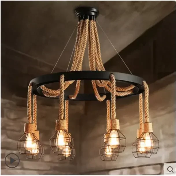 Retro industrial wind chandelier creative personality wrought iron hemp rope bar restaurant barber shop net coffee lamp