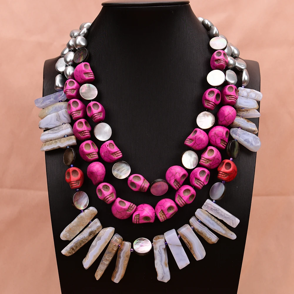 APDGG A64 Handmade 3 Rows Natural Mix Stone Shell Agate Turquoise Multi Strands Necklace