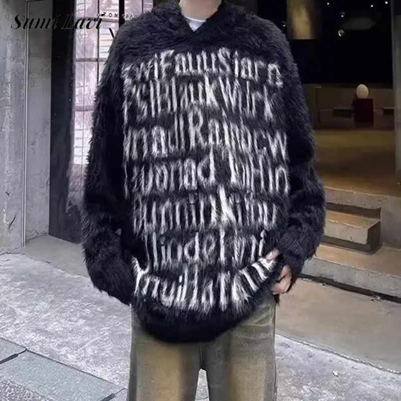 

Y2K стильные меховые толстовки осень-зима мужские винтажные уютные флисовые свитера с капюшоном для мужчин повседневные повседневные вязаные свитера с надписью крючком