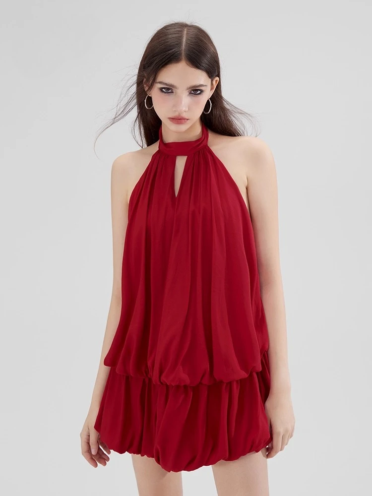 

High Quality Hot Selling Wholesale Hanging Neck Skirt New Sweet Sexy Goddess Style Flower Bud Dress Sexy Backless Woman Vestido