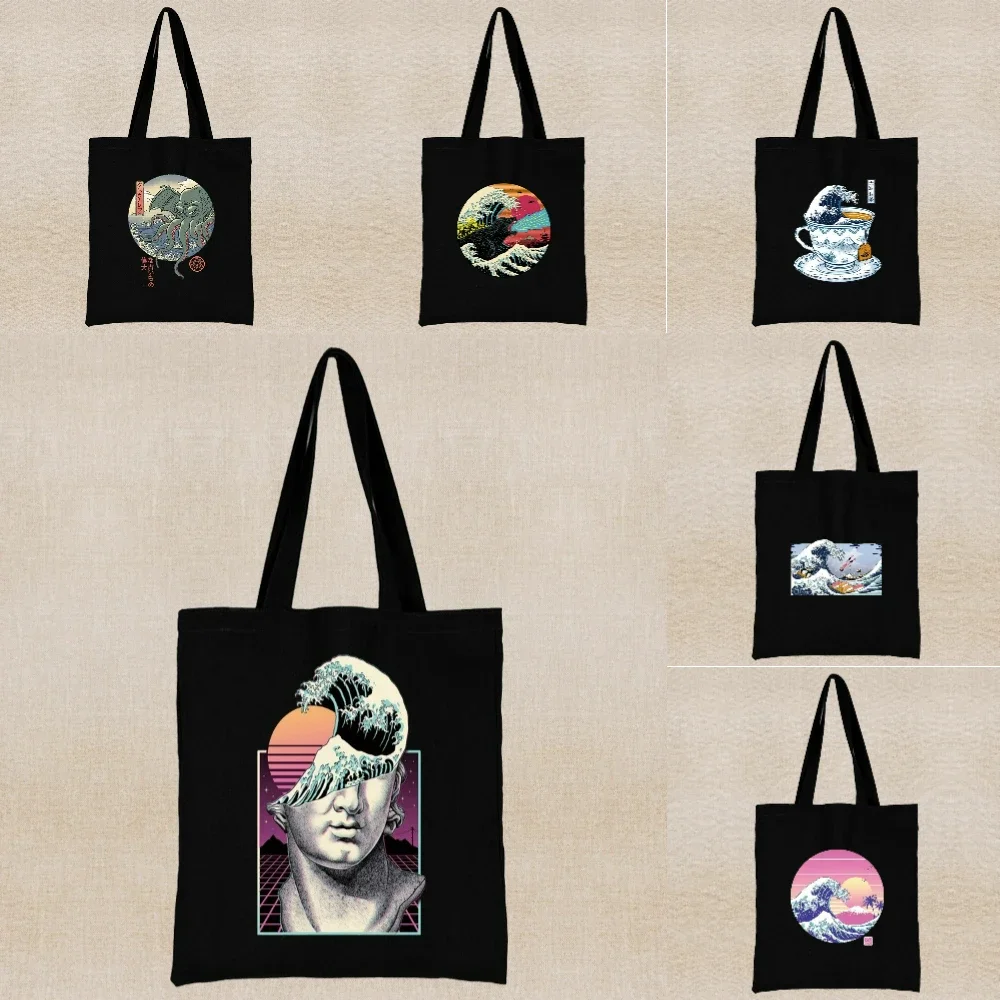 

1 шт. черная холщовая сумка в японском стиле с принтом «Морские волны Канагава», сумка для учебы, работы, путешествий, шоппинга, женская сумка для йоги, для повседневного использования