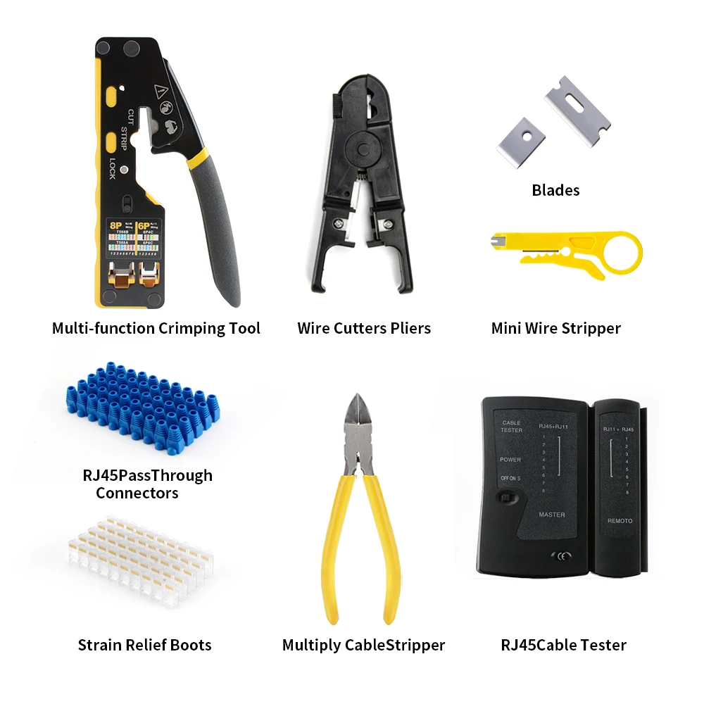 Набор инструментов для обжима RJ45, инструмент для обжима, кабельный тестер, резак для проводов, лезвия, 50 шт. разъемов Cat 6 и ботинки для снятия натяжения