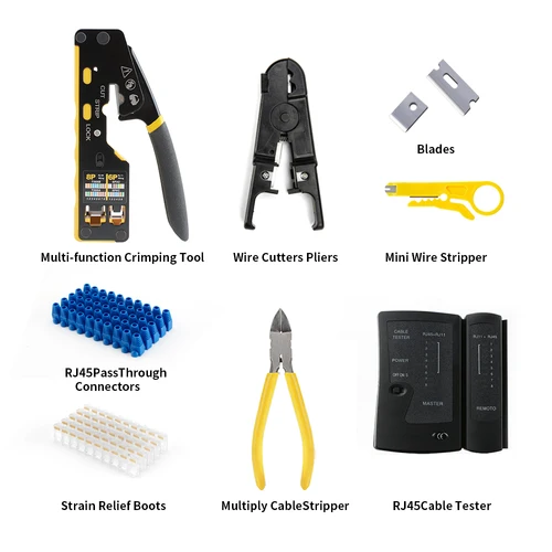 Imagen 2 del producto Kit de herramientas de engarzado RJ45 8 en 1, herramienta de engarzado, probador de cables, cortador de cables, cuchillas, 50 Uds. De conectores Cat 6 y botas de alivio de tensión