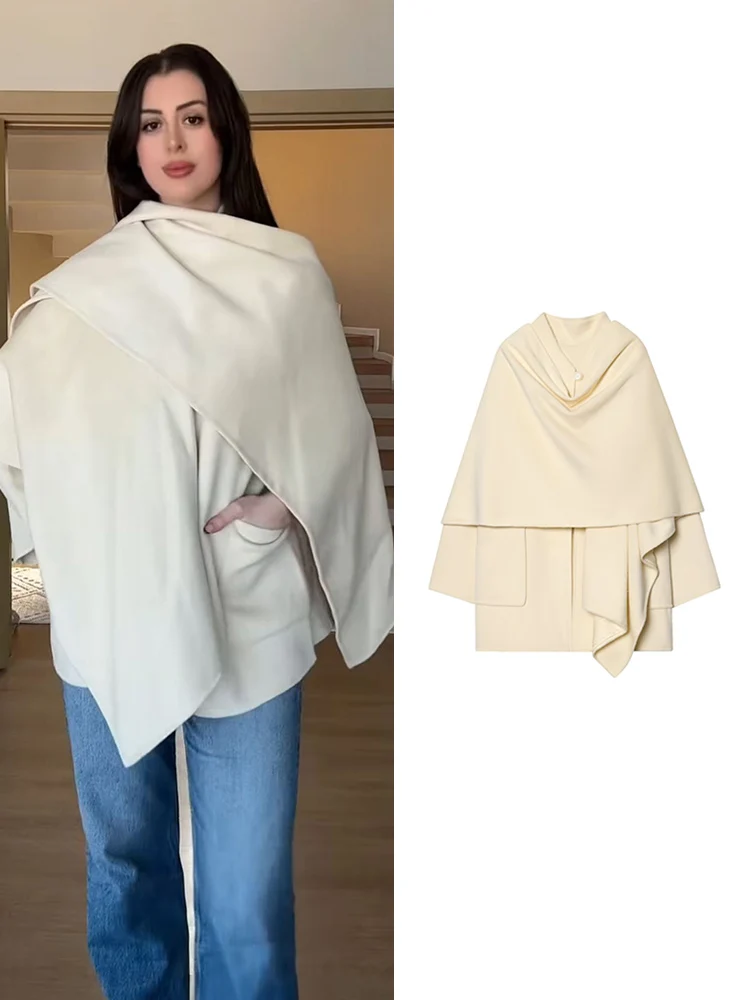 

Women's Elegant Overcoat Fashion Long Sleeve Pockets Scarf Decor Woolen Jacket Solid Winter New Loose Office Lady Streetwear ﻿