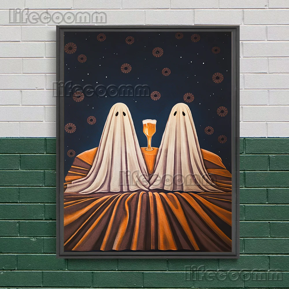 أشباح على الدراجات والأشباح في الغابة خمر الرسم على لوحات القماش الجدارية ورقة بيضاء شبح ملصق فني وطباعة ديكور المنزل #3