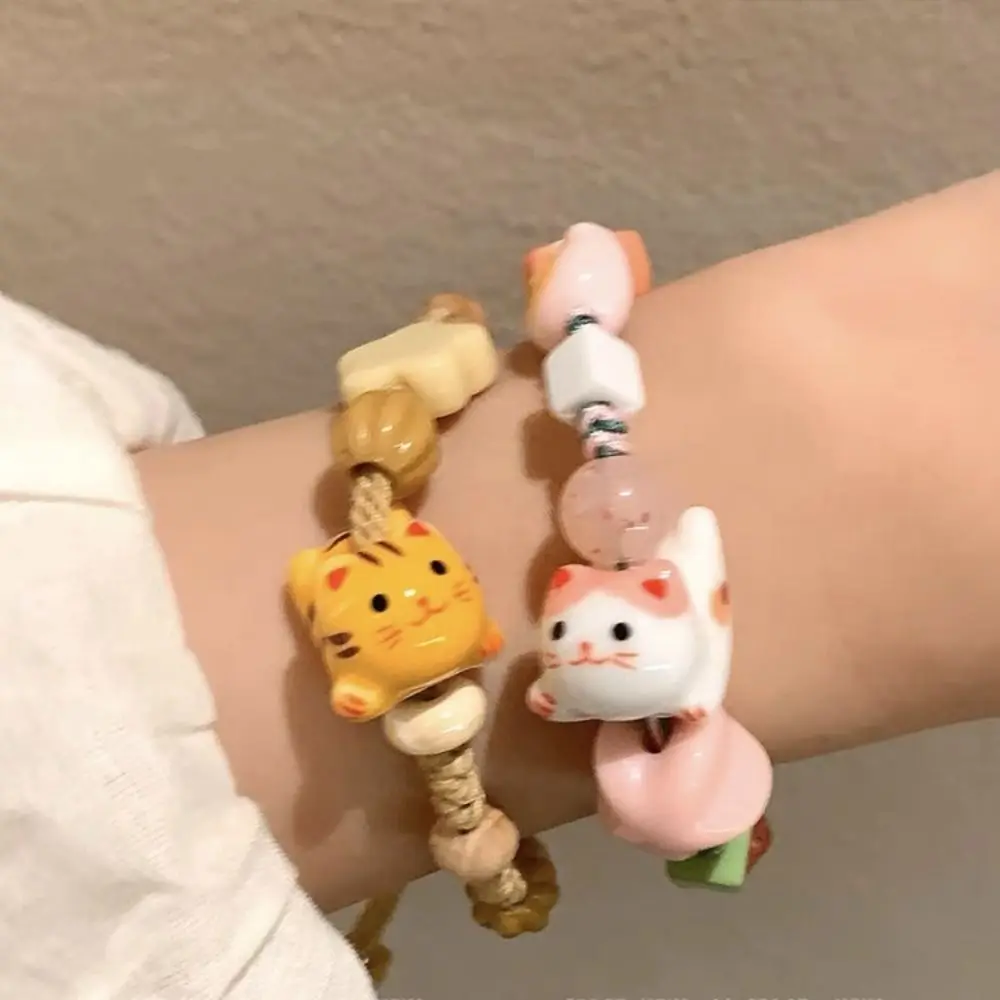 Handmade Ceramic Cat Bracelet Korean Style Lucky Cat Maneki Neko Bracelet Jewelry Accessories Liuli Bead Cat Bead Bracelet Gift