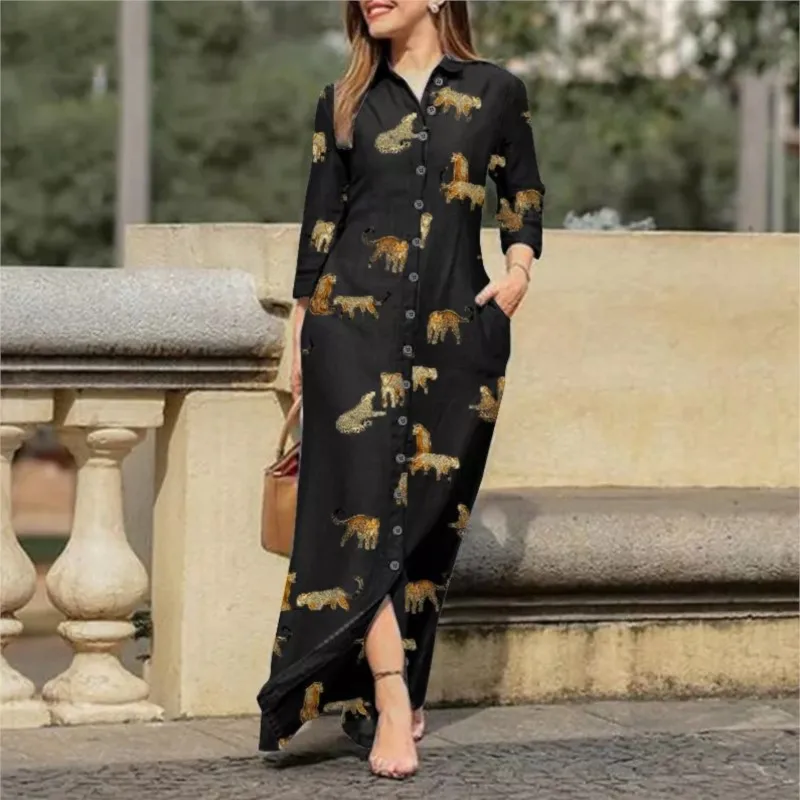 Vintage Leopard Animal Print Loose Shirt Dress Pocket Autumn Lapel Button Women Casual Long Sleeve Pocket Maxi Dresses Robes Y2k