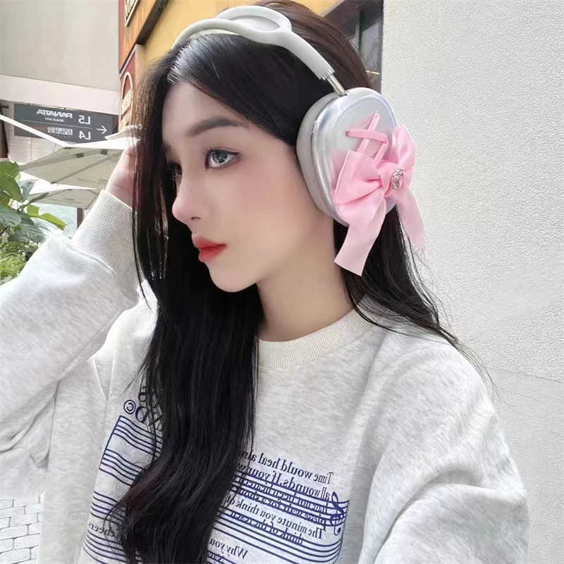 Cute Girl Pink Silk Bow Soft Headphone Earphone Case Cover Protector For Apple Airpods Max