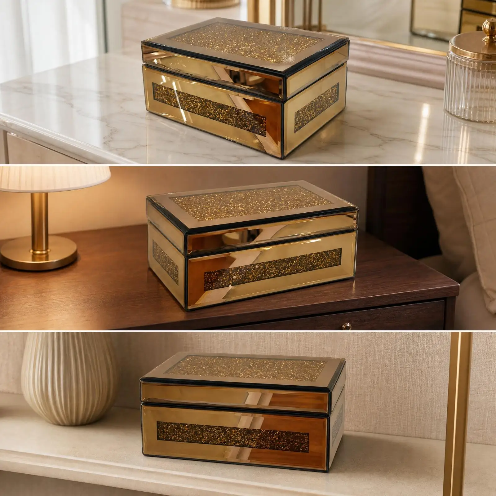 Anti-Oxidation Glass Jewelry Box | Glitter-Textured Panels, Mirrored Jewelry Box, for Vanity