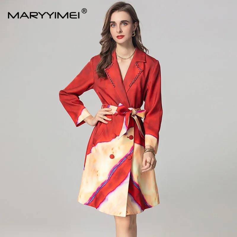 

MARYYIMEI Autumn and winter New Style Coat Long-Sleeved Notched Double-breasted Lace-Up Slim Color Block Patchwork Overcoat