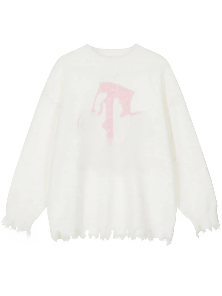 

Мужской вязаный свитер HM American High Street с вышивкой букв, рваными элементами и бахромой, свободного кроя, для пар