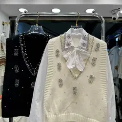 Autumn Spring Trend Luxury Diamonds Stitch Knitted Vest Women's V-Neck Pullover Sleeveless Sweater Vest for Women Jumper