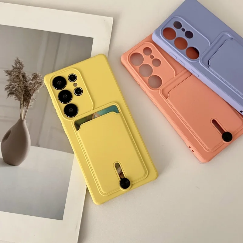 حافظة جيب للبطاقات من السيليكون السائل لهاتف سامسونج جالاكسي S25 S24 S23 S22 S21 Ultra Plus S24FE غطاء خلفي مقاوم للصدمات