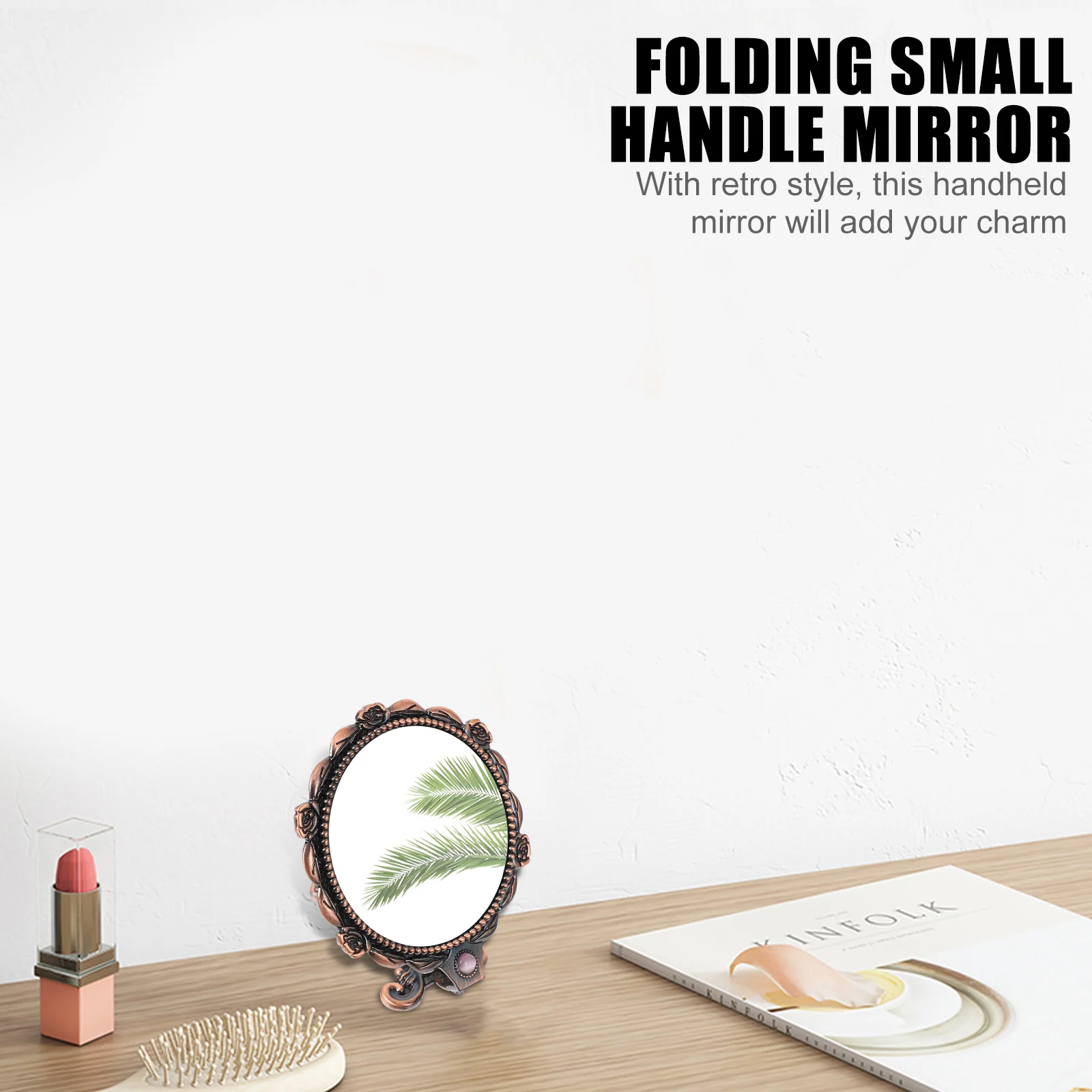 مرآة مكياج صغيرة محمولة قابلة للطي بتصميم عتيق، مرآة منقوشة محمولة باليد، أداة مكياج جيب هدية للسفر