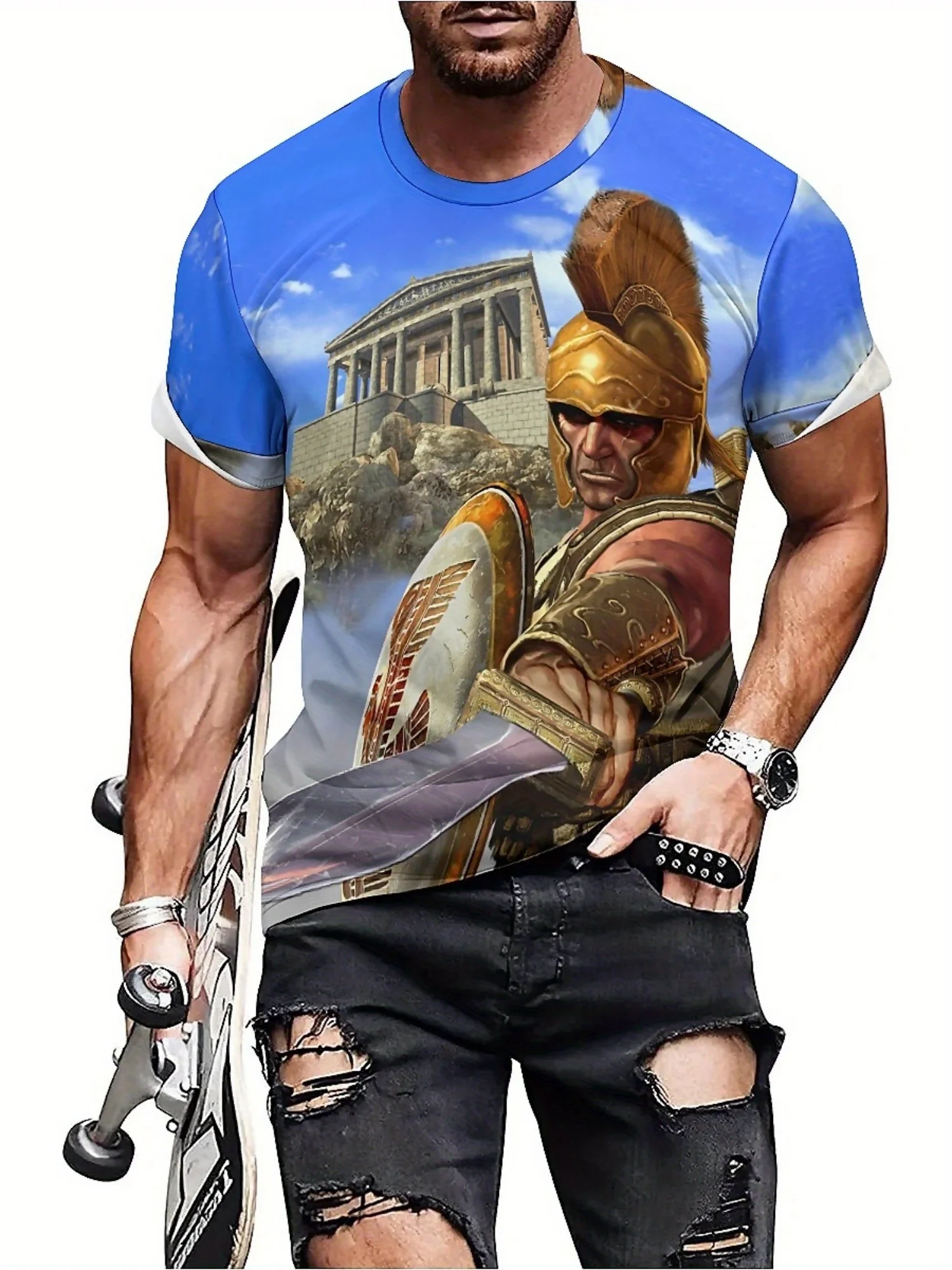 Plus Size Men's 3D Print Knight & Parthenon Graphic T-Shirt - Gothic Dark Loose Fit Breathable Fabric, Short Sleeve