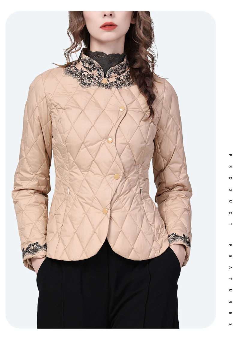 Newest 2022 Winter New Women\' Light Pink Down Jacket Lightweight Warm Slim Short Embroidered Lace Short Coat Stand-Up Jackets