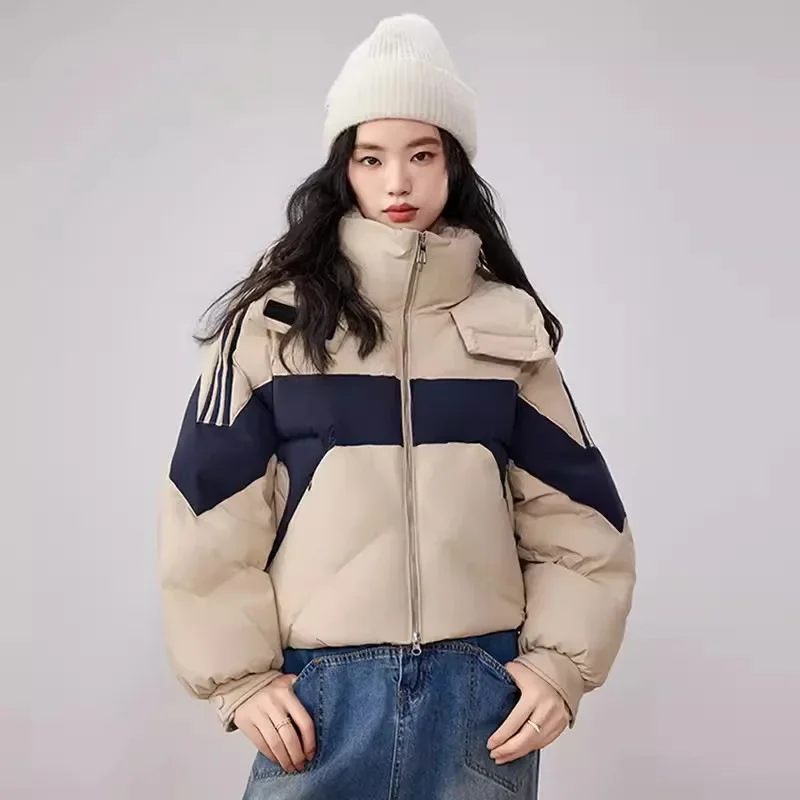 Hooded Duck Down Jacket for Women, Color Clashing, White, Loose, Thickened, Warm, Casual Outerwear, Winter Fashion, New