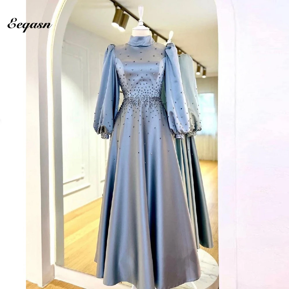 A Line Evening Dresses Beadings Ankle Length Party Formal Gowns Long Lantern Sleeves Customized Satin Special Occasion Prom Gown