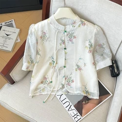 2024 New Summer Chinese Sweet Girl Unique Standing Neck Regular Sleeve Loose Chiffon Print Tie Short Sleeve Women's Shirt Top